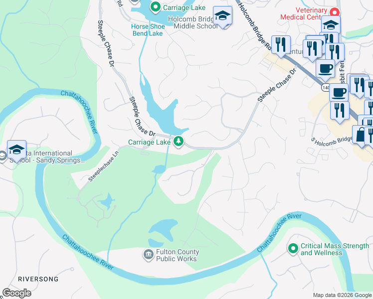 map of restaurants, bars, coffee shops, grocery stores, and more near 2505 Steeple Chase Drive in Roswell