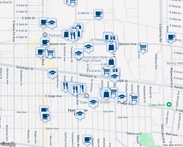 map of restaurants, bars, coffee shops, grocery stores, and more near 2927 Randolph Street in Huntington Park