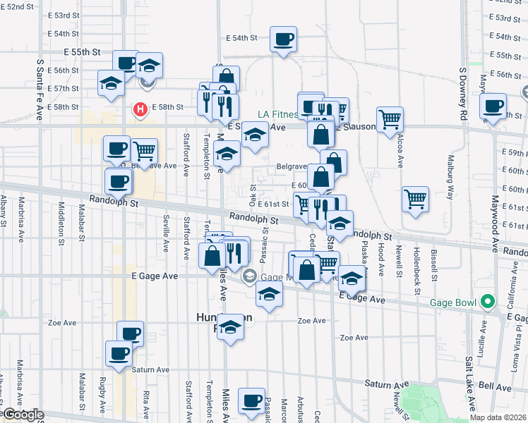 map of restaurants, bars, coffee shops, grocery stores, and more near 2927 Randolph Street in Huntington Park