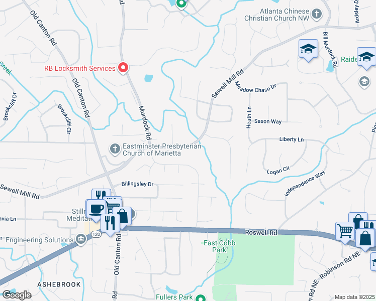 map of restaurants, bars, coffee shops, grocery stores, and more near 3290 Sewell Mill Road in Marietta