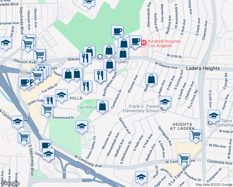 map of restaurants, bars, coffee shops, grocery stores, and more near 5674 Windsor Way in Culver City