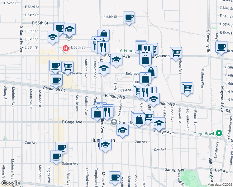 map of restaurants, bars, coffee shops, grocery stores, and more near 2917 East 61st Street in Huntington Park
