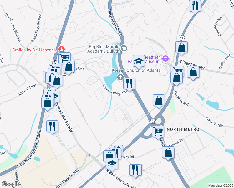 map of restaurants, bars, coffee shops, grocery stores, and more near 3240 Summit Ridge Parkway in Duluth