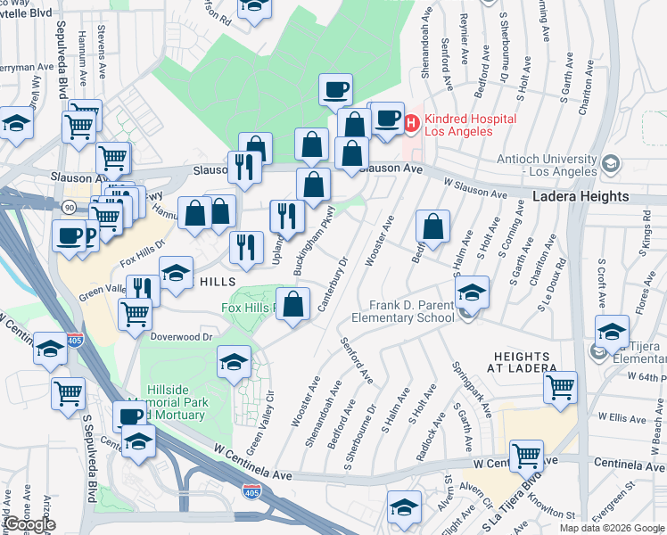 map of restaurants, bars, coffee shops, grocery stores, and more near 6001 Canterbury Drive in Culver City
