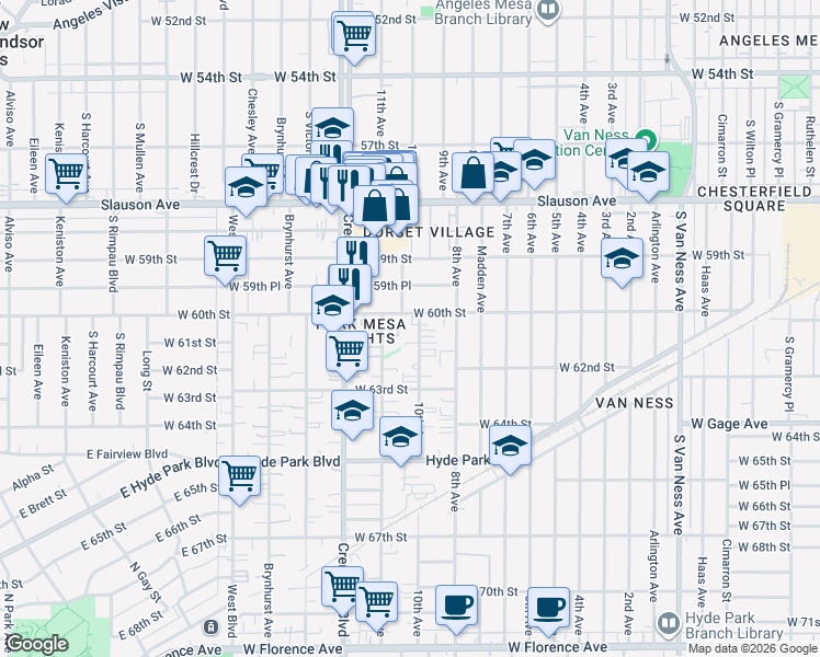 map of restaurants, bars, coffee shops, grocery stores, and more near 6015 10th Avenue in Los Angeles