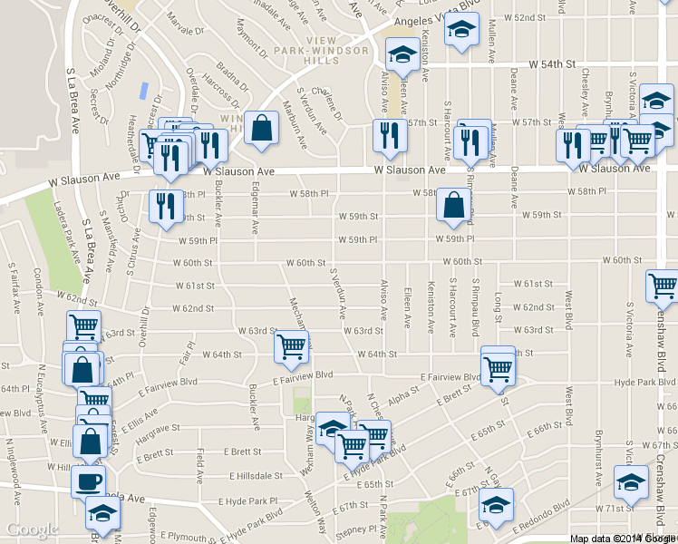 map of restaurants, bars, coffee shops, grocery stores, and more near 6010 South Verdun Avenue in Los Angeles