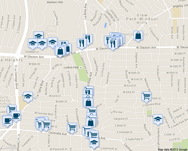 map of restaurants, bars, coffee shops, grocery stores, and more near 6041 South Mansfield Avenue in Los Angeles