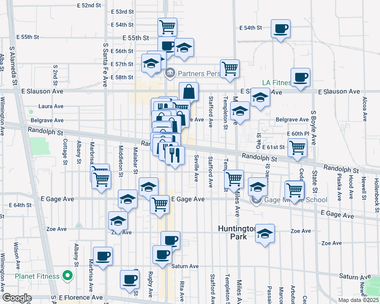 map of restaurants, bars, coffee shops, grocery stores, and more near 2668 Randolph Street in Huntington Park