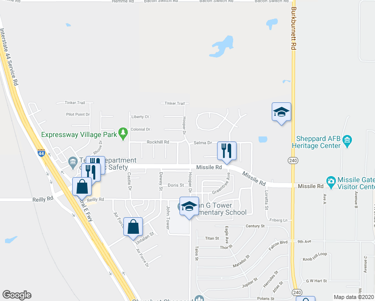 map of restaurants, bars, coffee shops, grocery stores, and more near 5508 Hooper Drive in Wichita Falls