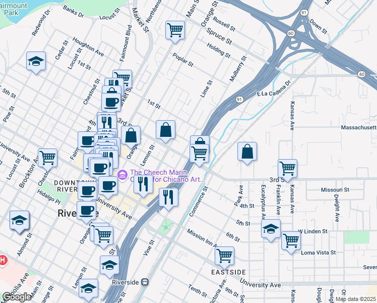map of restaurants, bars, coffee shops, grocery stores, and more near 3266 Mulberry Street in Riverside