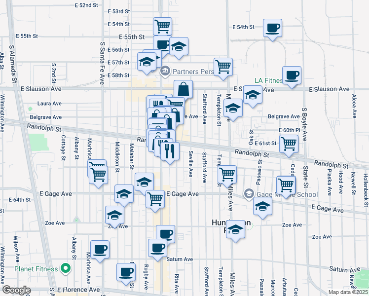 map of restaurants, bars, coffee shops, grocery stores, and more near 2668 Randolph Street in Huntington Park