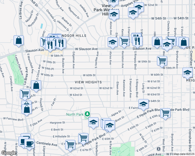 map of restaurants, bars, coffee shops, grocery stores, and more near 6010 South Verdun Avenue in Los Angeles