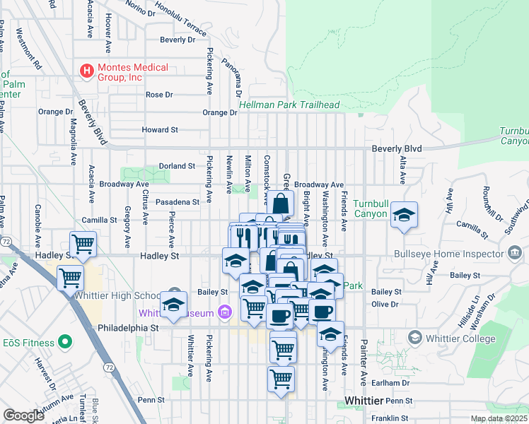 map of restaurants, bars, coffee shops, grocery stores, and more near 6243 Comstock Avenue in Whittier