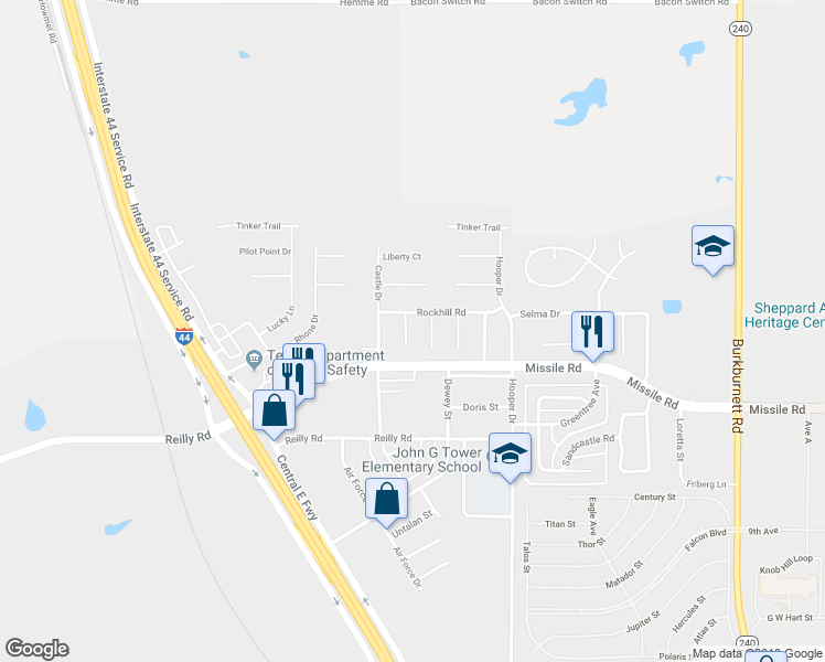 map of restaurants, bars, coffee shops, grocery stores, and more near 3 Lackland Circle in Wichita Falls