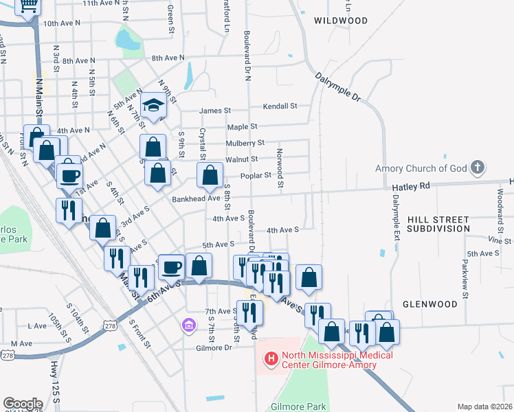 map of restaurants, bars, coffee shops, grocery stores, and more near 901-939 Hatley Road in Amory