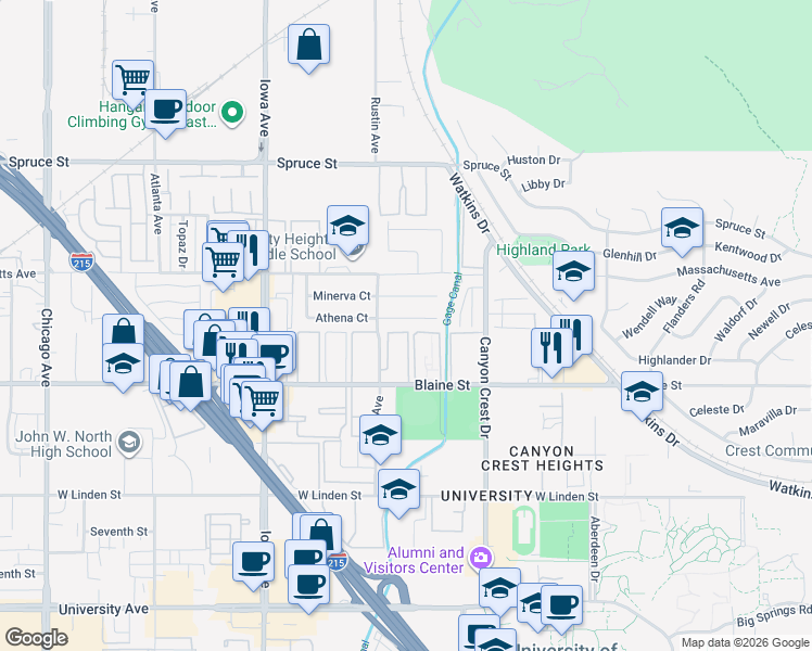 map of restaurants, bars, coffee shops, grocery stores, and more near 1061 Athena Court in Riverside
