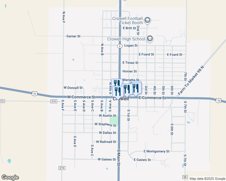 map of restaurants, bars, coffee shops, grocery stores, and more near 122 North Avenue A in Crowell