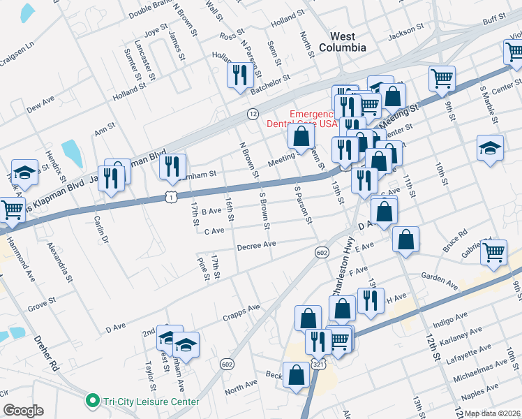 map of restaurants, bars, coffee shops, grocery stores, and more near 1608 B Avenue in West Columbia