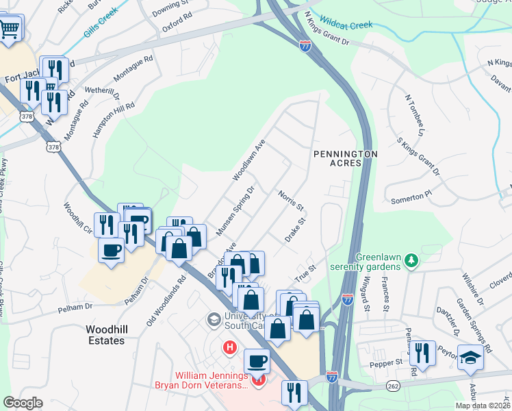 map of restaurants, bars, coffee shops, grocery stores, and more near 1021 Brandon Avenue in Columbia