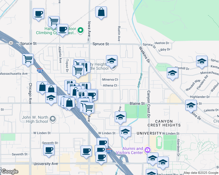 map of restaurants, bars, coffee shops, grocery stores, and more near 1152 Athena Court in Riverside