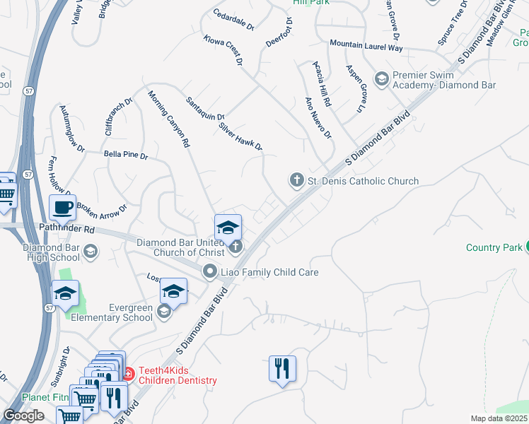 map of restaurants, bars, coffee shops, grocery stores, and more near 2256 Shady Hills Drive in Diamond Bar