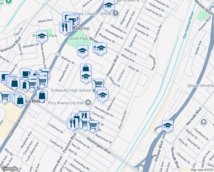 map of restaurants, bars, coffee shops, grocery stores, and more near 6336 Passons Boulevard in Pico Rivera