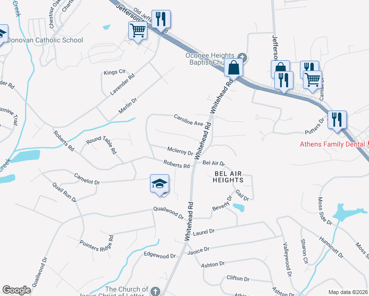 map of restaurants, bars, coffee shops, grocery stores, and more near 145 Lillian Drive in Athens