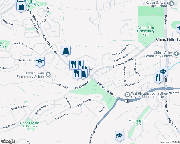 map of restaurants, bars, coffee shops, grocery stores, and more near 2689 Pointe Coupee in Chino Hills