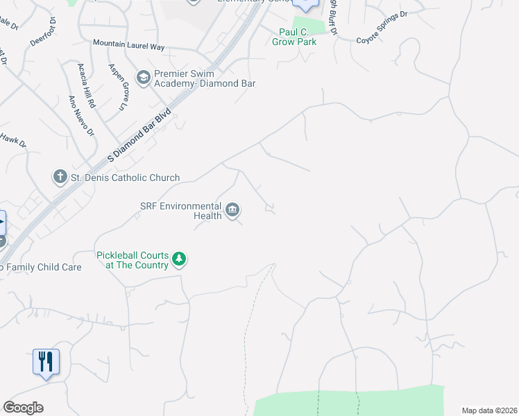 map of restaurants, bars, coffee shops, grocery stores, and more near 2169 Rocky View Road in Diamond Bar