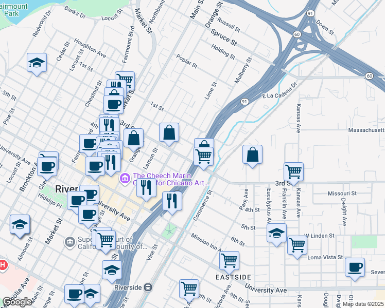 map of restaurants, bars, coffee shops, grocery stores, and more near 3266 Mulberry Street in Riverside