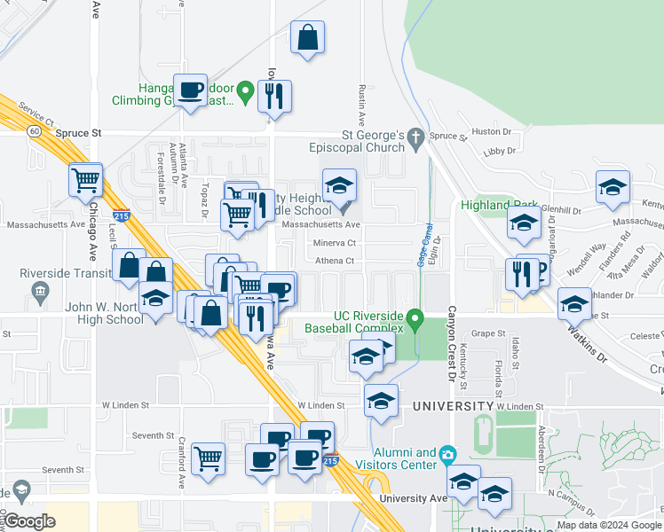 map of restaurants, bars, coffee shops, grocery stores, and more near 1152 Athena Court in Riverside