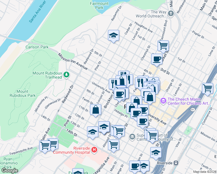 map of restaurants, bars, coffee shops, grocery stores, and more near 3756 Locust Street in Riverside