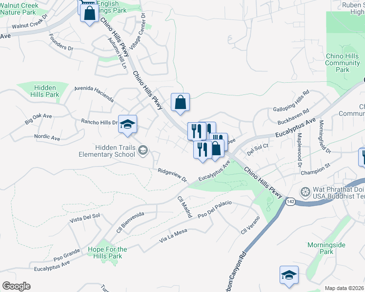 map of restaurants, bars, coffee shops, grocery stores, and more near 2503 Sundial Drive in Chino Hills