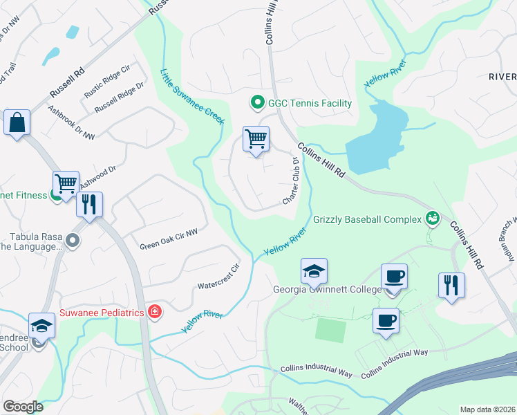 map of restaurants, bars, coffee shops, grocery stores, and more near 1282 Woodland View Road in Lawrenceville