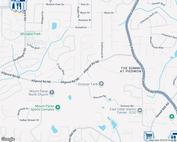 map of restaurants, bars, coffee shops, grocery stores, and more near 1486 Monarch Court in Marietta