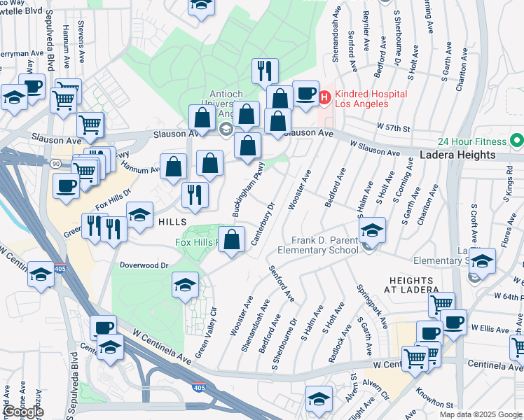 map of restaurants, bars, coffee shops, grocery stores, and more near 5674 Windsor Way in Culver City