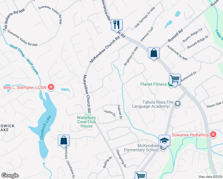 map of restaurants, bars, coffee shops, grocery stores, and more near 1557 Heartwood Dr in Lawrenceville