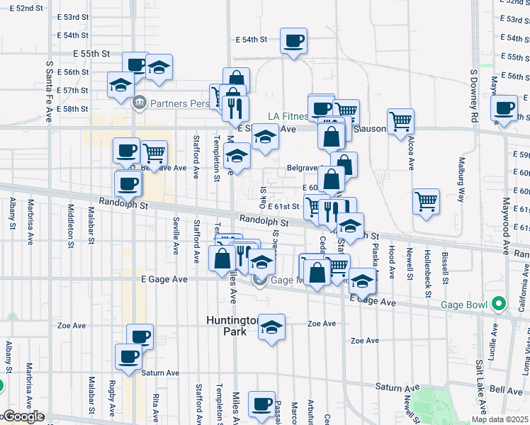 map of restaurants, bars, coffee shops, grocery stores, and more near 2917 East 61st Street in Huntington Park