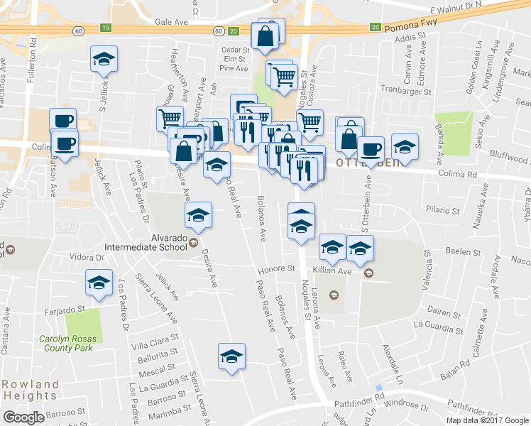 map of restaurants, bars, coffee shops, grocery stores, and more near 1826 Bolanos Avenue in Rowland Heights