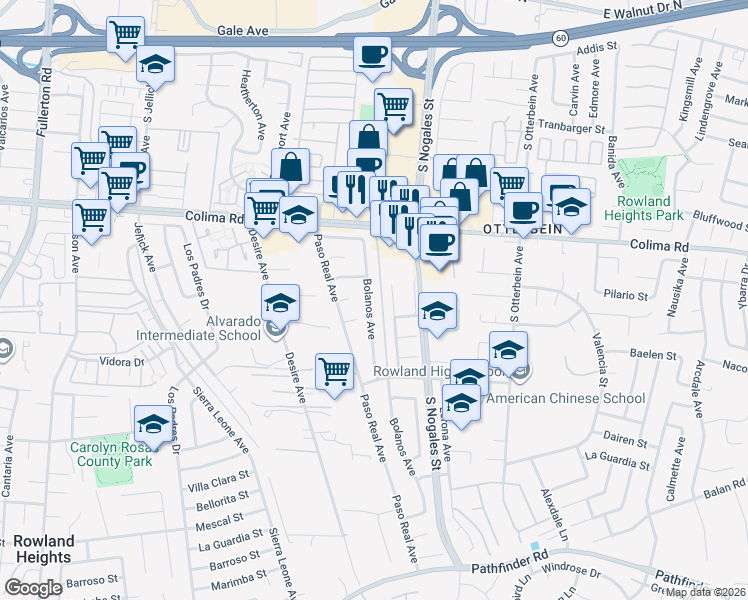 map of restaurants, bars, coffee shops, grocery stores, and more near 1826 Bolanos Avenue in Rowland Heights