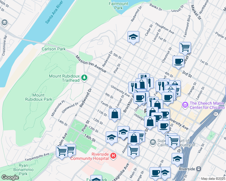map of restaurants, bars, coffee shops, grocery stores, and more near 4314 University Avenue in Riverside