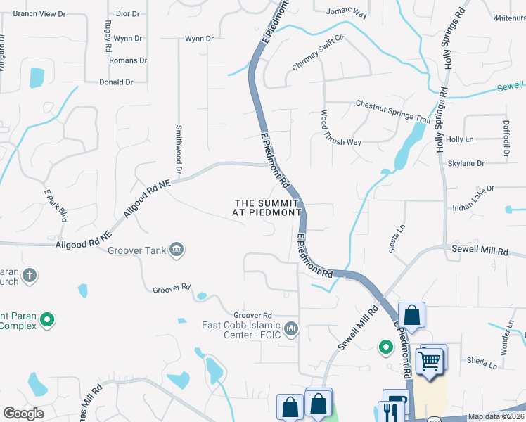 map of restaurants, bars, coffee shops, grocery stores, and more near 1445 Hilltop Overlook Drive in Marietta