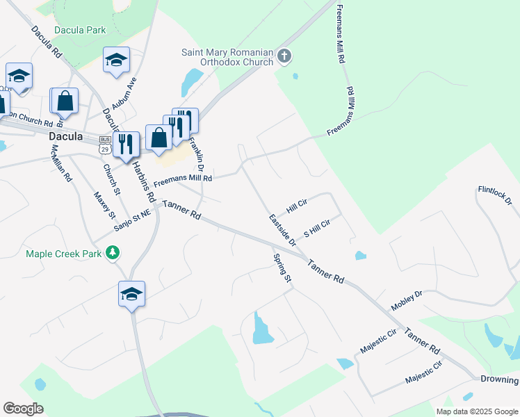 map of restaurants, bars, coffee shops, grocery stores, and more near 487 Eastside Drive in Dacula