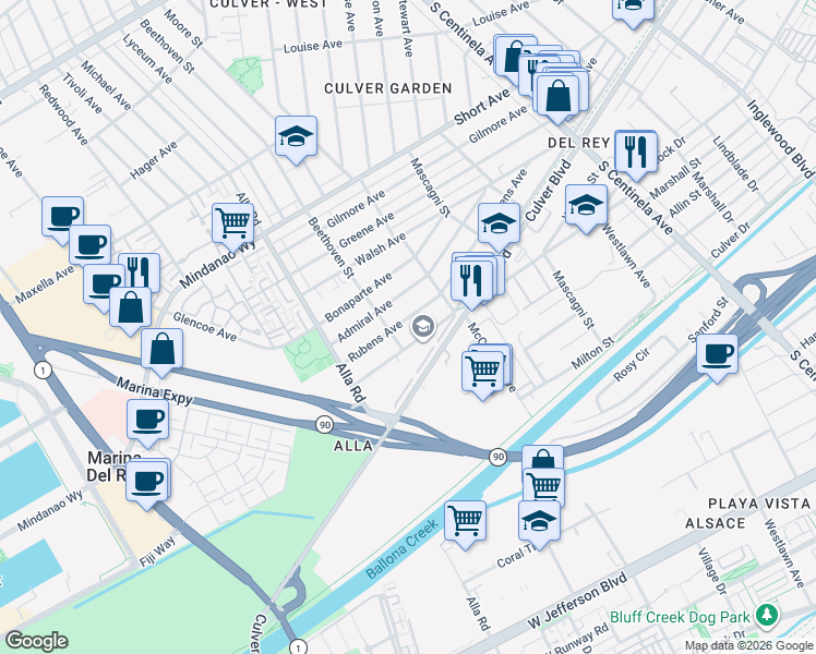map of restaurants, bars, coffee shops, grocery stores, and more near 12856 Rubens Avenue in Los Angeles