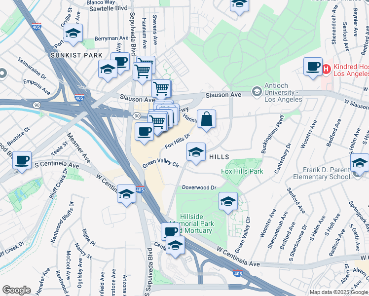 map of restaurants, bars, coffee shops, grocery stores, and more near 6167 Bristol Parkway in Culver City