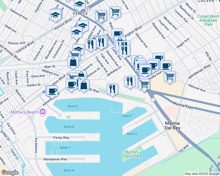 map of restaurants, bars, coffee shops, grocery stores, and more near 13600 Marina Pointe Drive in Los Angeles
