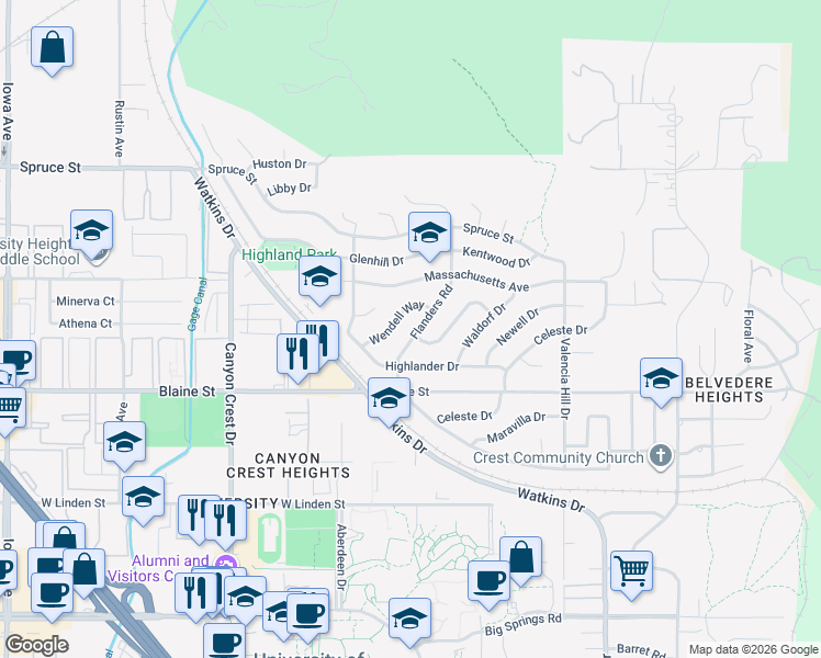 map of restaurants, bars, coffee shops, grocery stores, and more near 2998 Wendell Way in Riverside