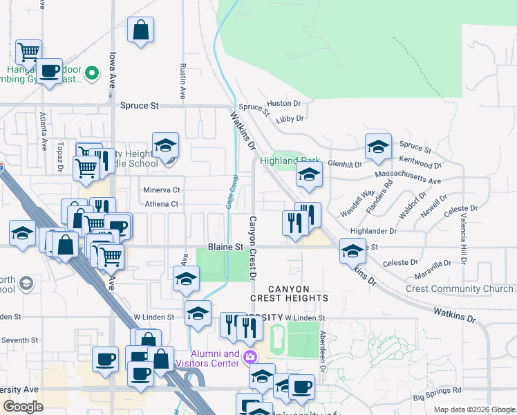 map of restaurants, bars, coffee shops, grocery stores, and more near 3029 Canyon Crest Drive in Riverside