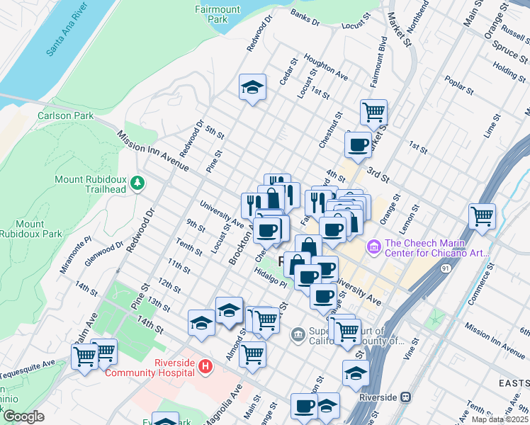 map of restaurants, bars, coffee shops, grocery stores, and more near 3640 Brockton Avenue in Riverside