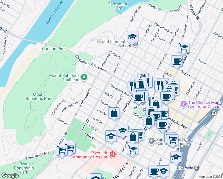 map of restaurants, bars, coffee shops, grocery stores, and more near 4380 University Avenue in Riverside
